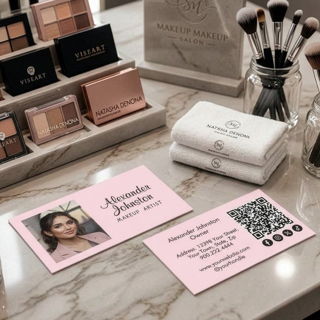 Cartão De Visita Blush Pink Script Social Icon QR Code Photo Makeup (Pink Black Script Makup QR Photo Business Card)