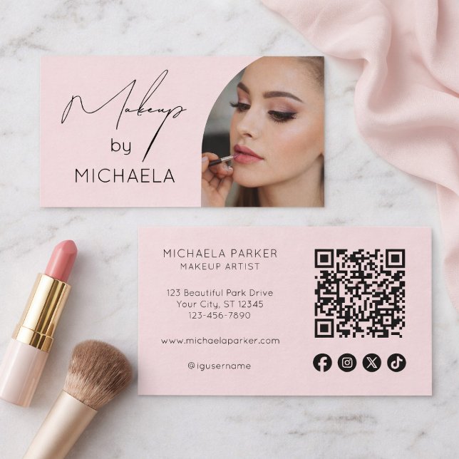 Cartão De Visita Blush Pink Script Social Icon QR Code Photo Makeup (Criador carregado)