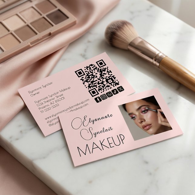 Cartão De Visita Blush Pink Script Social Icon QR Code Photo Makeup (Criador carregado)
