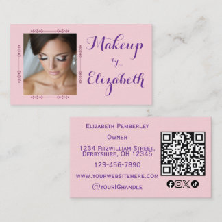 Cartão De Visita Blush Pink Script Social Icon QR Code Photo Makeup