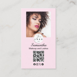 Cartão De Visita Blush Pink Script Social Icon QR Code Photo Makeup