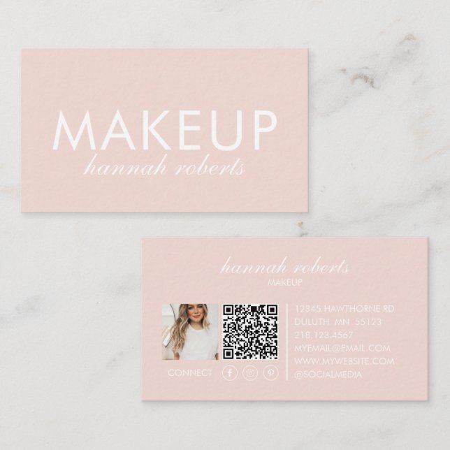 Cartão De Visita Blush Pink Script Social QR Code Photo Makeup (Frente/Verso)