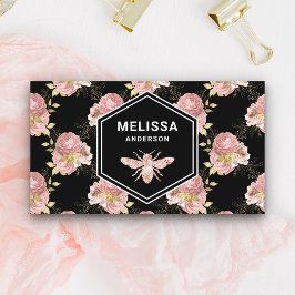 Cartão De Visita Blush Preto Rosa Floral Mel Bee Dourado