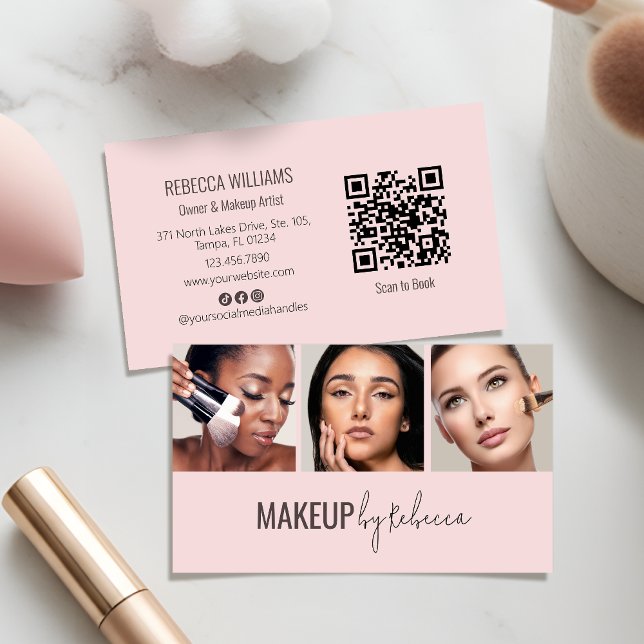 Cartão De Visita Blush Rosa 3 Código QR de Foto Maquiagem Moderna (An elegant and modern aesthetic for your makeup business, with fully customizable photos & QR code)