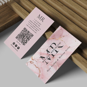 Cartão De Visita Blush Rosa Chic e Mármore Dourado Monograma e Códi