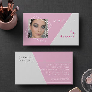 Cartão De Visita Blush Rosa Cinza Branco Geométrico Foto Maquiagem