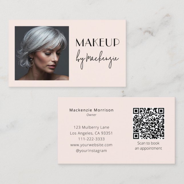 Cartão De Visita Blush Rosa Código QR Script Foto Maquiagem (Frente/Verso)
