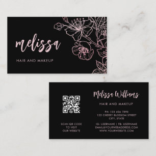 Cartão De Visita Blush Rosa Dourado Rosa Preto Floral   Código QR N