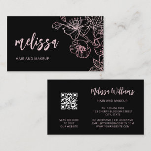 Cartão De Visita Blush Rosa Dourado Rosa Preto Floral   Código QR N