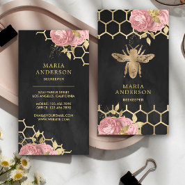 Cartão De Visita Blush Rosa Floral Mel de Abelha Folha Dourada Carv