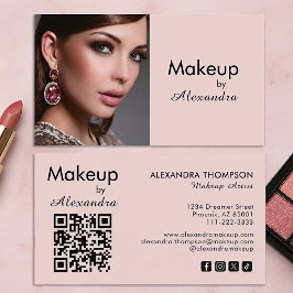 Cartão De Visita Blush Rosa Ícone Social Script QR Code Foto Maquia