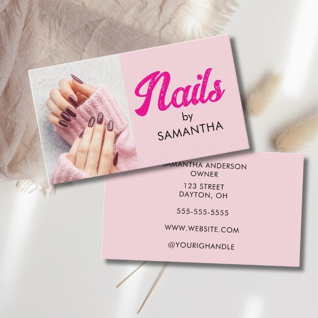 Cartão De Visita Blush Rosa Moderno Rótulo Foto Unhas (Criador carregado)