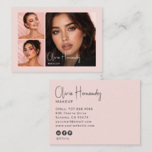 Cartão De Visita Blush Rosa Preto Script 3 Foto Maquiagem 