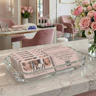 Cartão De Visita Blush Rosa Preto Script 3 Foto QR Code Nail Tech