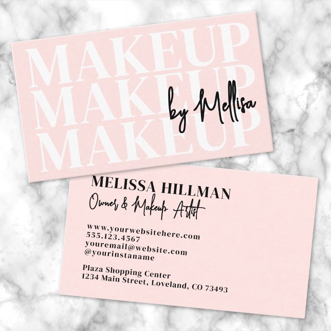 Cartão De Visita Blush Rosa Preto Script Maquiagem (Blush Pink Black Script Makeup Business Card)