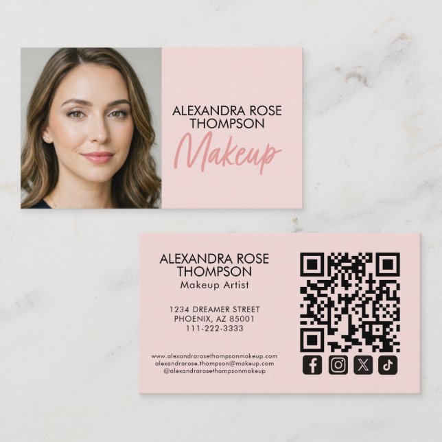 Cartão De Visita Blush Rosa Preto Script Qr Code Ícone Social Maqui (Frente/Verso)