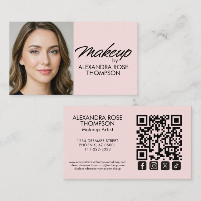 Cartão De Visita Blush Rosa Preto Script Qr Code Ícone Social Maqui (Frente/Verso)