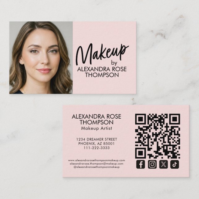 Cartão De Visita Blush Rosa Preto Script Qr Code Ícone Social Maqui (Frente/Verso)