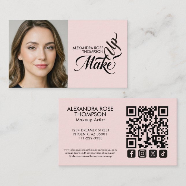 Cartão De Visita Blush Rosa Preto Script Qr Code Ícone Social Maqui (Frente/Verso)