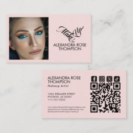 Cartão De Visita Blush Rosa Preto Script Qr Code Ícone Social Maqui