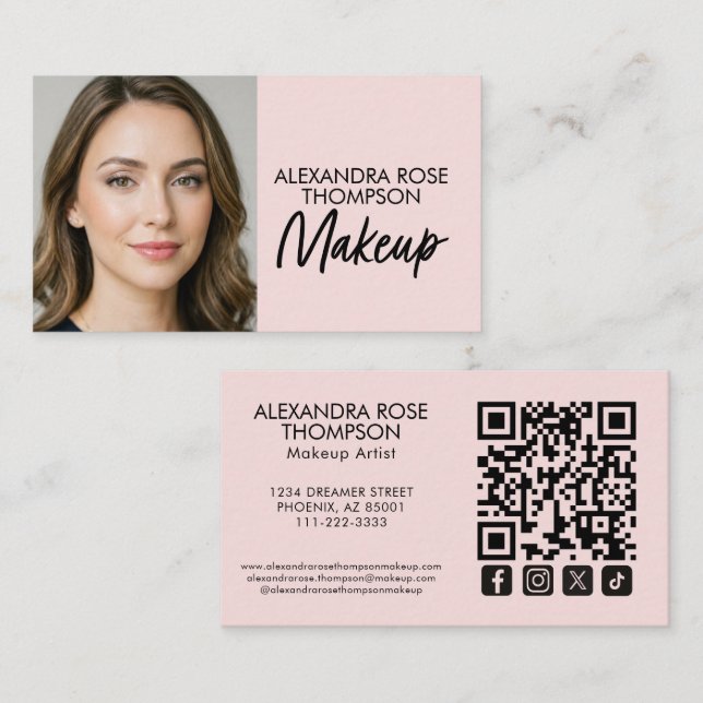 Cartão De Visita Blush Rosa Preto Script Qr Code Ícone Social Maqui (Frente/Verso)