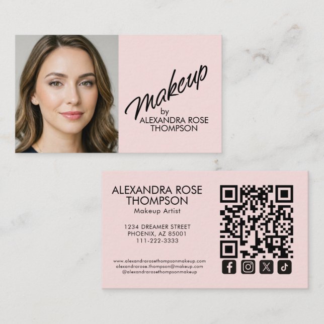 Cartão De Visita Blush Rosa Preto Script Qr Code Ícone Social Maqui (Frente/Verso)