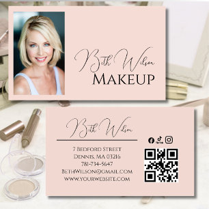 Cartão De Visita Blush Rosa Rosto Ícone Social QR Code Foto Maquiag