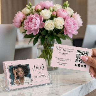 Cartão De Visita Blush Rosa Rótulo Social Código QR Foto Técnico de