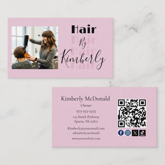 Cartão De Visita Blush Rosa Script Ícone Social Código QR Foto Cabe (Frente/Verso)