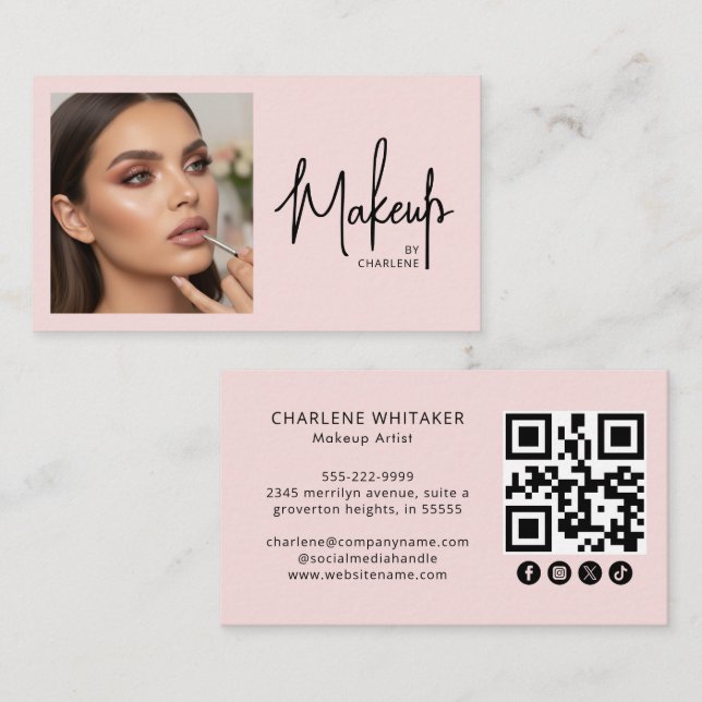 Cartão De Visita Blush Rosa Script Ícone Social Código QR Foto Maqu (Frente/Verso)