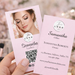 Cartão De Visita Blush Rosa Script Ícone Social QR Code Foto Maquia