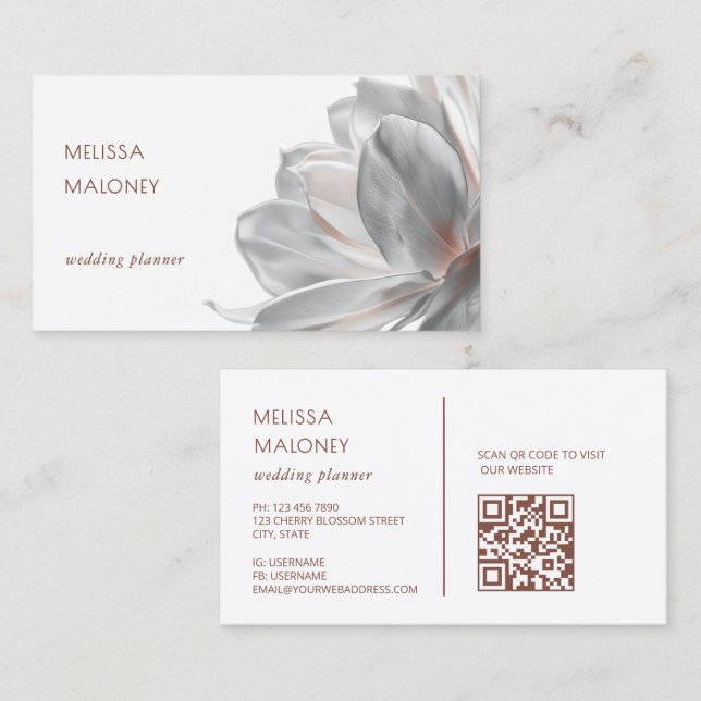 Cartão De Visita Blush Silver Magnolia White QR Code Business Card (Frente/Verso)