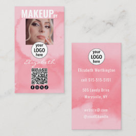 Cartão De Visita Blushing Coral Pink Watercolor QR Social Makeup 