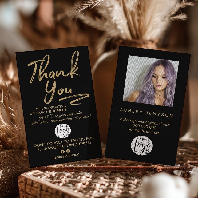 Cartão De Visita Boho Black and Gold Script Photo Thank You Logo (Boho Black and Gold Script Photo Thank You Logo Business Card)