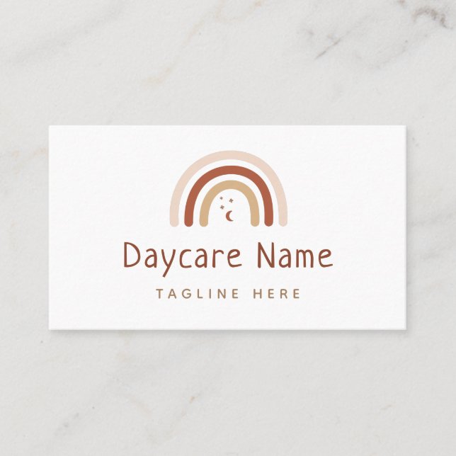 Cartão De Visita Boho Brown Rainbow Moon Stars Chilcare Daycare (Frente)