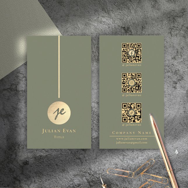 Cartão De Visita Boho Chic Sage Mídia Social Verde e Monograma Dour (Glamorous Shiny Vintage Emerald Green & Gold Business Card)