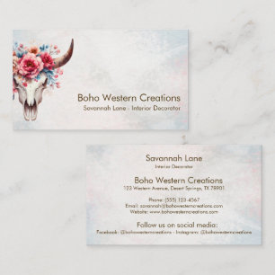 Cartão De Visita Boho Chic Watercolor Vaca Floral Multicolor
