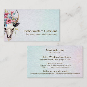 Cartão De Visita Boho Chic Watercolor Vaca Floral Multicolor