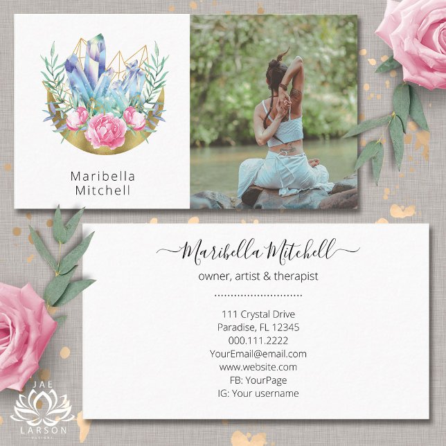 Cartão De Visita Boho Crescent Moon Crystals Pink Rosca Foto (Criador carregado)