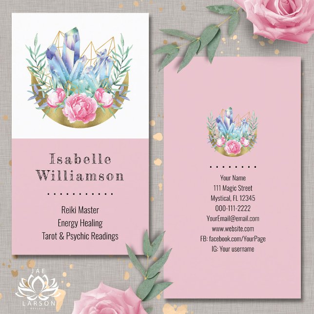 Cartão De Visita Boho Crescente Cristal Cluster Rosas Rosa Chic (Criador carregado)