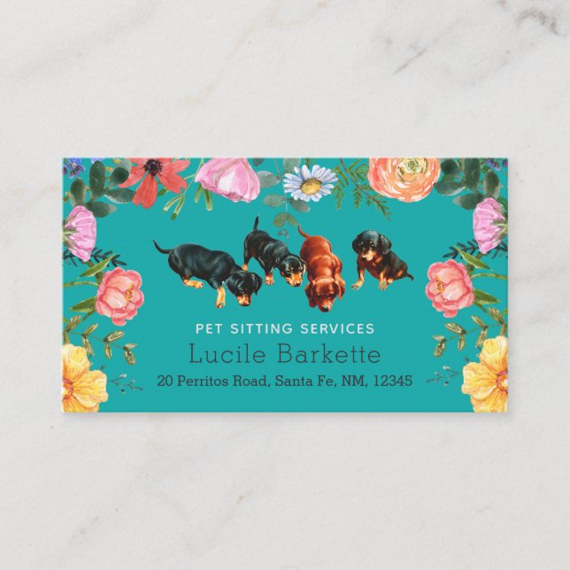 Cartão De Visita Boho Dachshund Serviço de Pet Sitter Flores Silves (Frente)