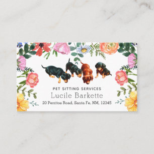 Cartão De Visita Boho Dachshunds Serviço de Pet Sitter Flores Branc