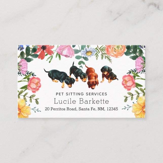 Cartão De Visita Boho Dachshunds Serviço de Pet Sitter Flores Branc (Frente)