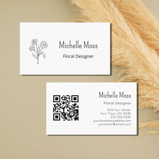 Cartão De Visita Boho Daisy QR code Simples Floral Designer (Criador carregado)