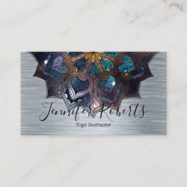 Cartão De Visita Boho Floral Blue Dourado Mandala Chic Yoga Instrut
