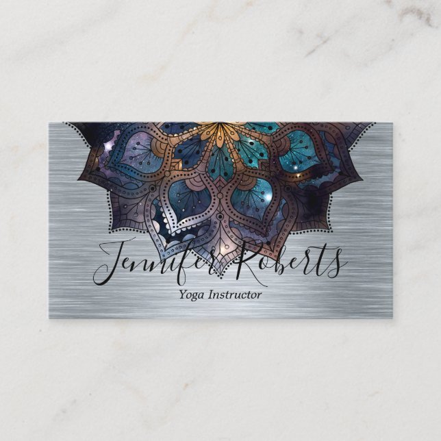 Cartão De Visita Boho Floral Blue Dourado Mandala Chic Yoga Instrut (Frente)