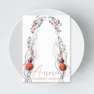 Cartão De Visita Boho Floral Pastel Wavy Hair Girl Desenhando Raios