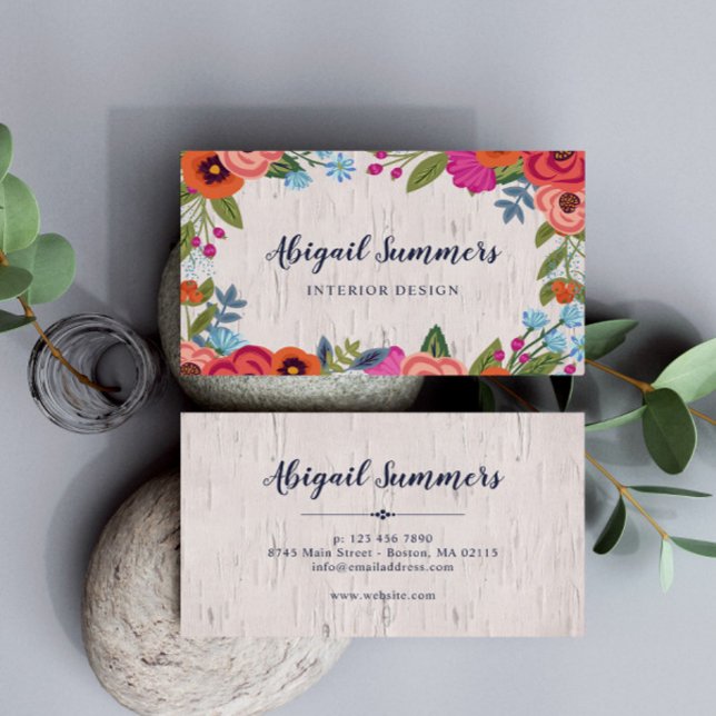 Cartão De Visita Boho Florals - Script Birch & Calliografia (Criador carregado)