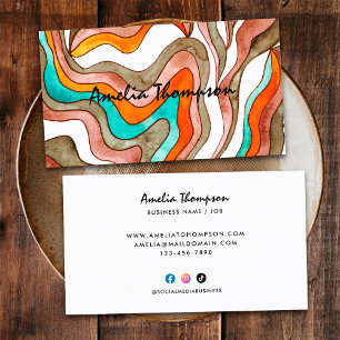 Cartão De Visita Boho Groovy Retro Laranja Linhas Onduladas Abstrat