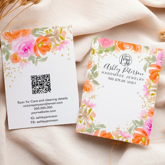 Cartão De Visita Boho orange, ouro-chic, joalharia floral (Boho orange gold chic floral logo jewelry earring business card)
